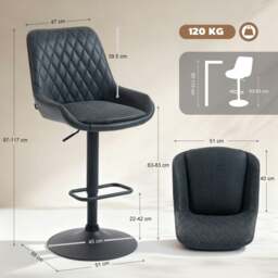 Rackhams Bar Stools Set of 2, Adjustable Bar Chairs 360 Degree Swivel Black - Light Grey - thumbnail 3