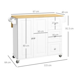 Rackhams Kitchen Island on Wheels, Kitchen Cart with Drop Leaf, White - 115W x 64D x 91.5H cm - Rubber Wood, MDF - White - thumbnail 4