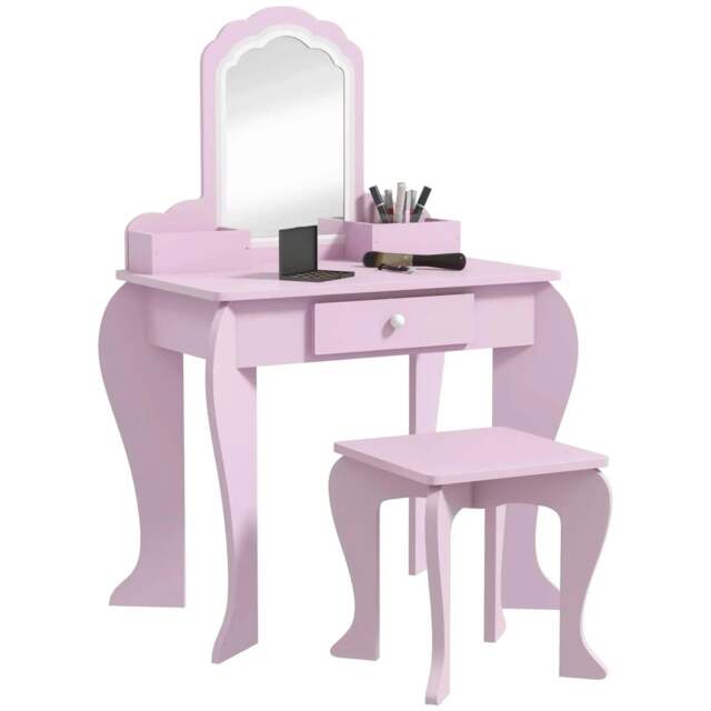 Rackhams ZONEKIZ Kids Vanity Table with Mirror, Stool, Drawer, Storage Boxes, Cloud Design, for Ages 3-6 Years - Pink - image 1