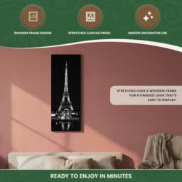 Rackhams Large Eiffel Tower at Night Canvas Picture Print in Black & White with 10 LED Lights, Battery Powered - thumbnail 5