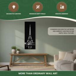 Rackhams Large Eiffel Tower at Night Canvas Picture Print in Black & White with 10 LED Lights, Battery Powered - thumbnail 3