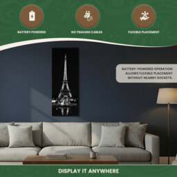 Rackhams Large Eiffel Tower at Night Canvas Picture Print in Black & White with 10 LED Lights, Battery Powered - thumbnail 4