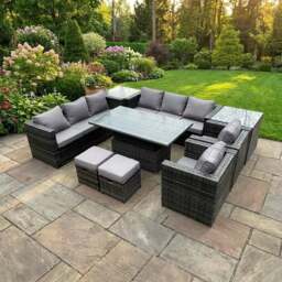 Rackhams 9 Seater Rattan Outdoor Garden Furniture Set with Adjustable Dining Table, 2 Side Tables, 2 Chairs, 2 Stools - Dark Grey - thumbnail 1
