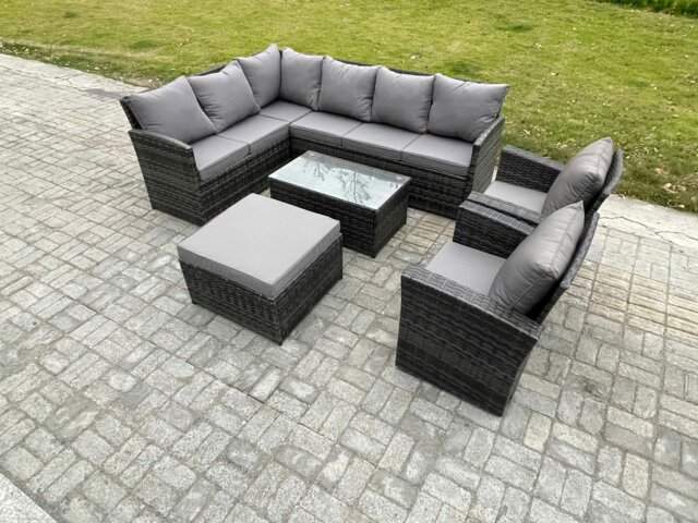 Rackhams 9 Seater Rattan Garden Furniture Sets High Back Corner Sofa Rectangular Coffee Table Set with Big Footstool 2 Armchairs Dark Grey Mixed - image 1