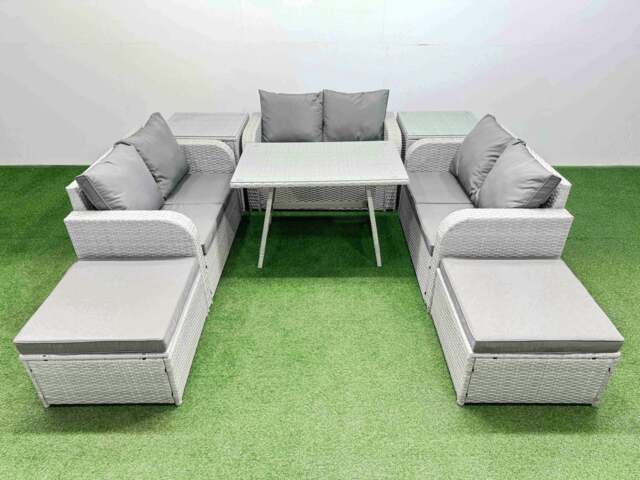 Rackhams Rattan Garden Furniture Dining Set 8 seater Patio Rectangular Table Love Sofa Set with 2 Side Tables 2 Big Stools - image 1