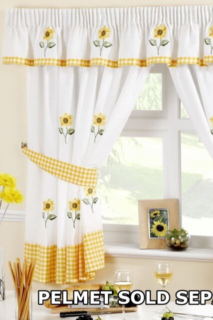 "Rackhams Sunflower Taped Embroidered Floral Curtains With Tie Backs - White - 66 x 48"""