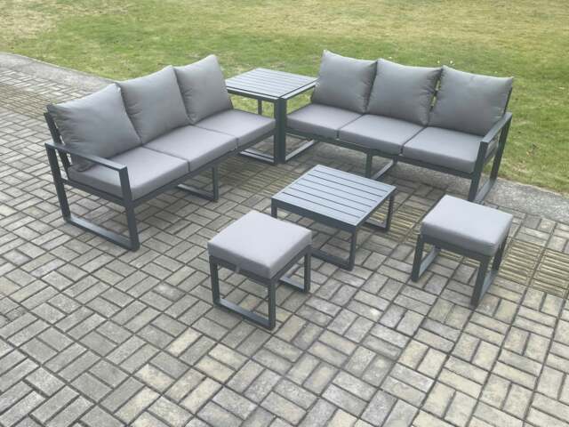 Rackhams Aluminium 6 Pieces Garden Furniture Sofa Set with Cushions 8 Seater with Square Coffee Table 2 Small Footstools Side Table Dark Grey - image 1