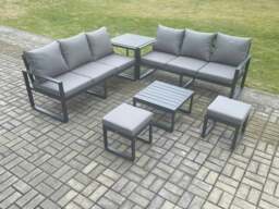 Rackhams Aluminium 6 Pieces Garden Furniture Sofa Set with Cushions 8 Seater with Square Coffee Table 2 Small Footstools Side Table Dark Grey - thumbnail 1
