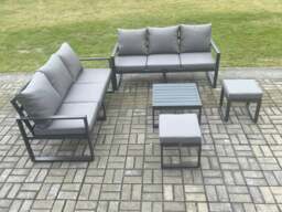 Rackhams Aluminium 6 Pieces Garden Furniture Sofa Set with Cushions 8 Seater with Square Coffee Table 2 Small Footstools Side Table Dark Grey - thumbnail 2