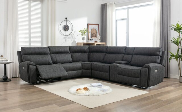 Rackhams Electric Recliner Sofa, Power Corner Recliner Corner Sofa Set 105–135 Degrees with Adjustable Backrest and Footrest - DARK GREY - 5 Seater w Console