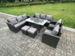 Rackhams 10 Seater Dark Grey PE Wicker Rattan Garden Furniture Set Reclining Chair Lounge 3 Seater Sofa Set Outdoor Rectangular Dining Table Stools - thumbnail 1