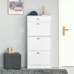 Rackhams High Gloss Shoe Cabinet w/ 4 Drawers Shoe Storage Organizer for 18 Pairs - White - 62cm x 24cm x 135cm - Particleboard