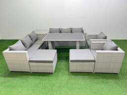 Rackhams 10 Seater Wicker PE Rattan Furniture Outdoor Dining Table 3 Seater Sofa Armchair Set with Side Table 2 Big Stools Light Grey - thumbnail 1