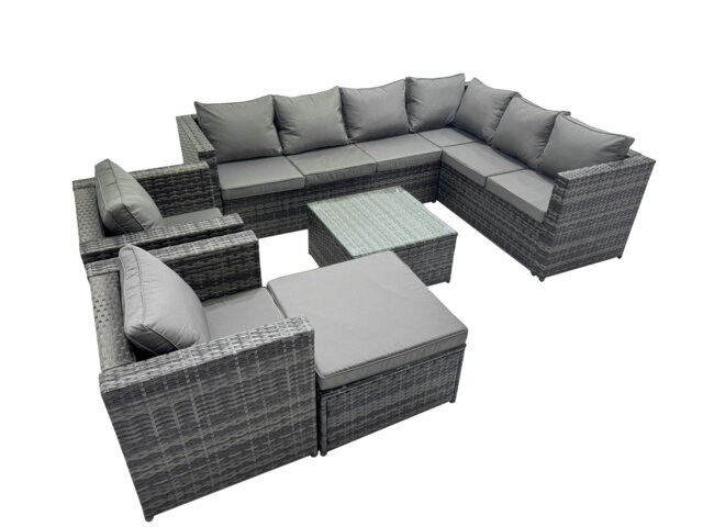 Rackhams Outdoor PE Rattan Garden Furniture Sofa Set with Square Coffee Table Big Stool 2 Chair Dark Grey - image 1