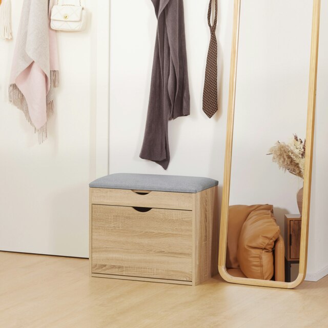 Rackhams Entryway Shoe Bench with Cushion Storage Cabinet for Living Room Natural - Natural wood finish - image 1