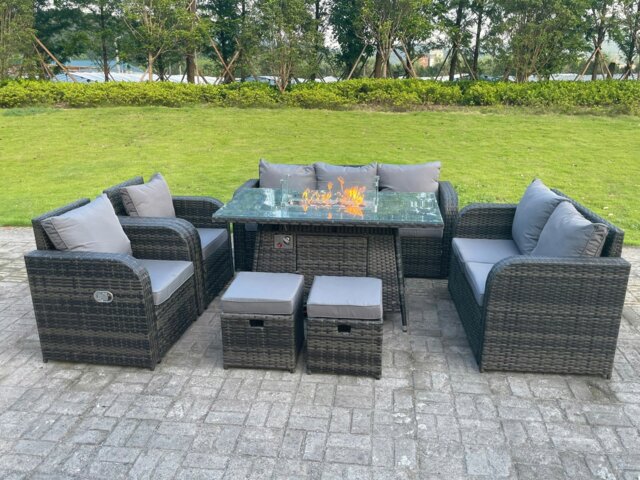 Rackhams Rattan Garden Furniture Set with Gas Fire Pit Dining Table, Love Sofa, 3 Seater Sofa, 2 Reclining Chairs, 2 Footstools - 9 Seater - Dark Grey - image 1