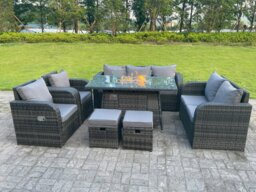Rackhams Rattan Garden Furniture Set with Gas Fire Pit Dining Table, Love Sofa, 3 Seater Sofa, 2 Reclining Chairs, 2 Footstools - 9 Seater - Dark Grey - thumbnail 1