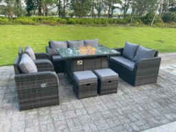 Rackhams Rattan Garden Furniture Set with Gas Fire Pit Dining Table, Love Sofa, 3 Seater Sofa, 2 Reclining Chairs, 2 Footstools - 9 Seater - Dark Grey - thumbnail 3