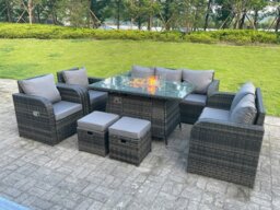 Rackhams Rattan Garden Furniture Set with Gas Fire Pit Dining Table, Love Sofa, 3 Seater Sofa, 2 Reclining Chairs, 2 Footstools - 9 Seater - Dark Grey - thumbnail 4
