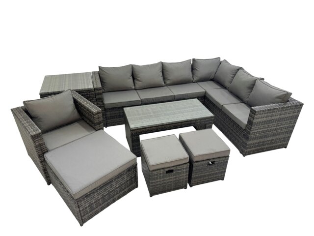 Rackhams Outdoor Rattan Oblong Coffee Table Corner Sofa Sets Garden Furniture Set with Chair 3 Stool Side Table Dark Grey Mixed - image 1
