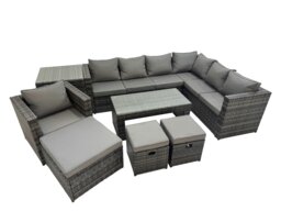 Rackhams Outdoor Rattan Oblong Coffee Table Corner Sofa Sets Garden Furniture Set with Chair 3 Stool Side Table Dark Grey Mixed - thumbnail 1