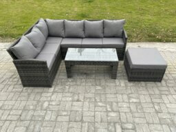Rackhams 7 Seater Outdoor Rattan Garden Furniture Set Corner Sofa Oblong Coffee Table Sets with Patio Big Footstool Dark Grey Mixed - thumbnail 2