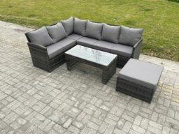 Rackhams 7 Seater Outdoor Rattan Garden Furniture Set Corner Sofa Oblong Coffee Table Sets with Patio Big Footstool Dark Grey Mixed - thumbnail 1
