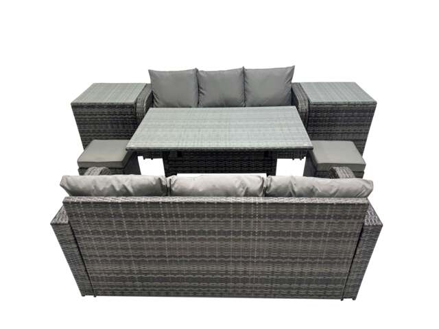 Rackhams 8 Seat Outdoor Wicker PE Rattan Garden Furniture Set Dining Table Sofa Set with 2 Small Stool 2 Side Tables Dark Grey Mixed - image 1