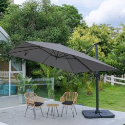 Rackhams 3 x 3 m Square Cantilever Parasol Light Grey Outdoor Hanging Umbrella for Garden and Patio - Parasol + Cross Base + Petal Water Tank - Charoal