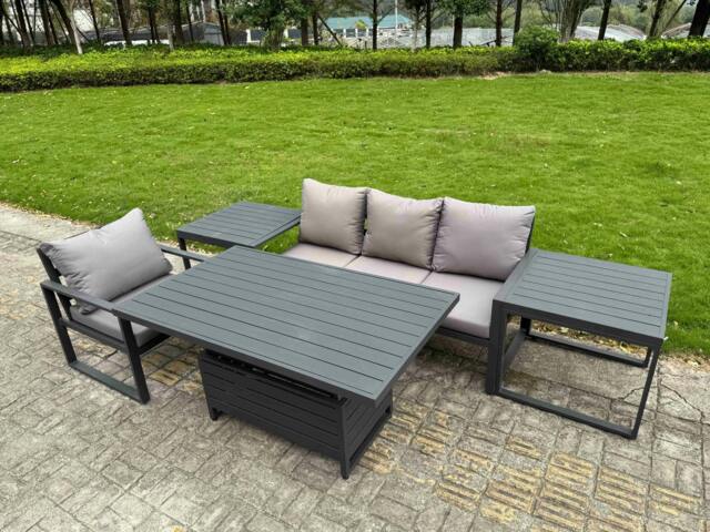 Rackhams 4 Seater Aluminium Garden Furniture Set with Adjustable Rising Dining Table, 2 Side Tables - Dark Grey - image 1