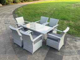 Rackhams Light Grey Rattan Outdoor Garden furniture Set Height Adjustable Rising Lifting Table and 6 Chairs Set with Seat Cushion