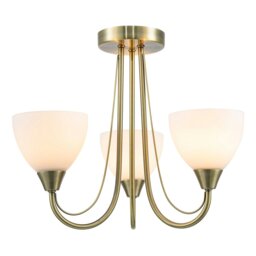 Rackhams Designer Antique Brass Three Arm Ceiling Light with Opal White Glass Shades