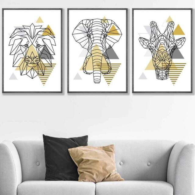 Rackhams Yellow Geometric Giraffe Lion Elephant Set of 3 Framed Wall Art - 50x70cm - Dark Grey - image 1