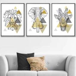Rackhams Yellow Geometric Giraffe Lion Elephant Set of 3 Framed Wall Art - 50x70cm - Dark Grey - thumbnail 1