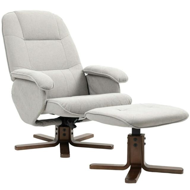 Rackhams Linen Swivel Recliner Chair with Footstool, Upholstered Reclining Armchair with Wooden Base for Living Room, Light Grey