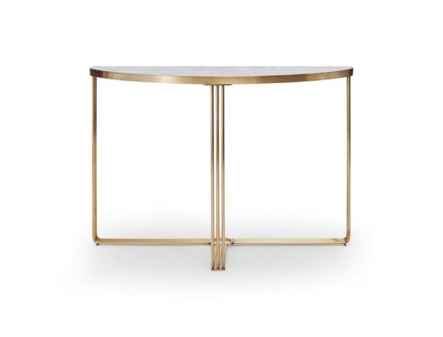 Rackhams Finn Demi Lune Console Tables - Brushed Brass - Pale Stone Laminate - image 1
