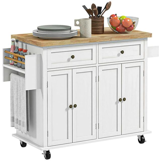 Rackhams Rolling Kitchen Island Storage Trolley with Rubber Wood Top & Drawers for Dining Room, White - image 1