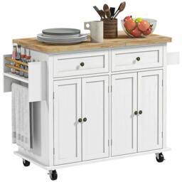 Rackhams Rolling Kitchen Island Storage Trolley with Rubber Wood Top & Drawers for Dining Room, White - thumbnail 1