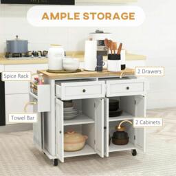 Rackhams Rolling Kitchen Island Storage Trolley with Rubber Wood Top & Drawers for Dining Room, White - thumbnail 4