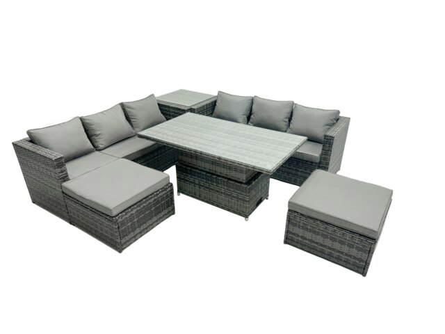 Rackhams Rattan Dining Table Sofa Set with Side Table 2 Stools Outdoor 8 Seat Garden Furniture Set Dark Grey Mixed - image 1