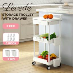 Rackhams 3 Tier Kitchen Trolley Cart on Wheels Metal Rolling Storage Island White - thumbnail 2