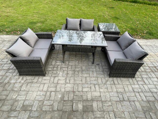 Rackhams 6 Seater Rattan Wicker Garden Furniture Patio Conservatory Sofa Set Indoor Outdoor with Dining Table Double Seat Sofa Side Table - image 1