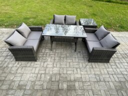 Rackhams 6 Seater Rattan Wicker Garden Furniture Patio Conservatory Sofa Set Indoor Outdoor with Dining Table Double Seat Sofa Side Table - thumbnail 1