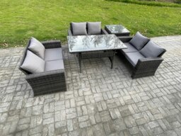 Rackhams 6 Seater Rattan Wicker Garden Furniture Patio Conservatory Sofa Set Indoor Outdoor with Dining Table Double Seat Sofa Side Table - thumbnail 2