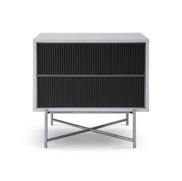 Rackhams Adriana Bedside Chests - White Wood - Grey Fluted Glass - Dark Chrome - image 1