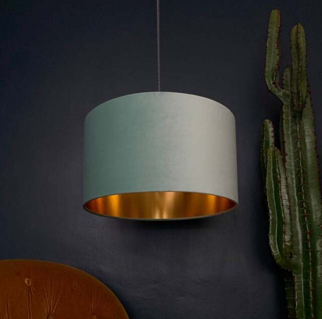 "Rackhams Sea Green Velvet Lampshade With Gold Lining - 25cm Diameter x 25cm Height / (10"" x 10"")" - image 1