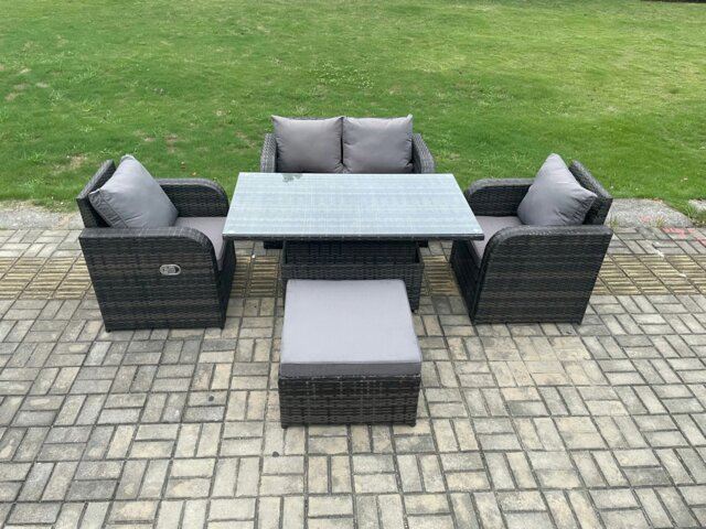 Rackhams PE Rattan Outdoor Garden Furniture Set Height Adjustable Rising lifting Dining Table With Love Sofa Chair Big Footstool - image 1
