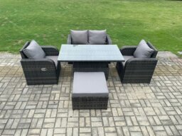 Rackhams PE Rattan Outdoor Garden Furniture Set Height Adjustable Rising lifting Dining Table With Love Sofa Chair Big Footstool - thumbnail 1