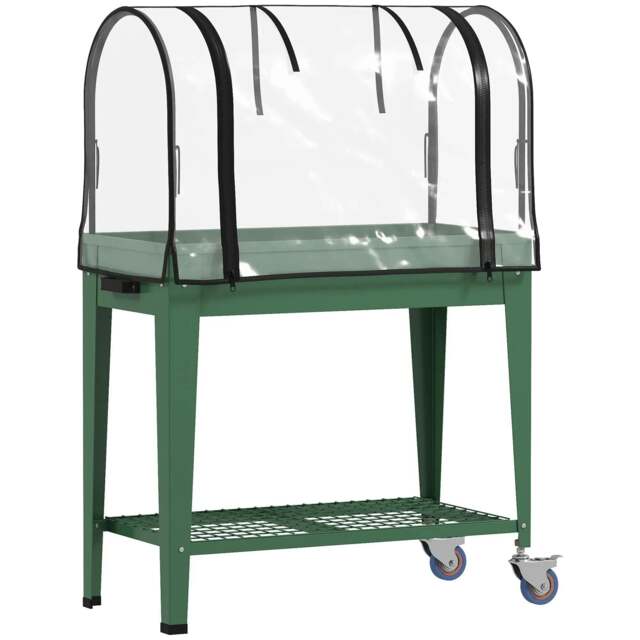 Rackhams Raised Planter with Greenhouse Cover, Mobile Elevated Garden Bed with Wheels and Bottom Shelf for Vegetables, Green