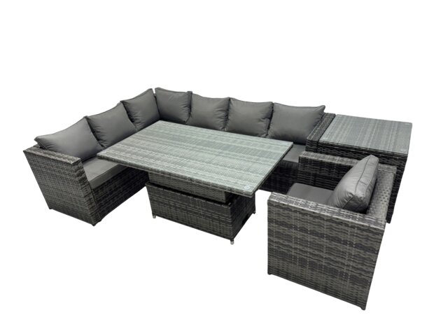 Rackhams 7 seater Height Adjustable Rising Lifting Table Corner Sofa Set Rattan Garden Furniture Dining Set with Side Table Dark Grey Mixed - image 1